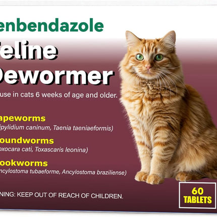 Dewormer for Cats & Kittens, Fenbendazole for Tapeworms, Roundworms & Hookworms - 60 Tablets