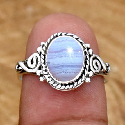 925 Sterling Silver Blue Lace Agate Statement Ring, Size 9