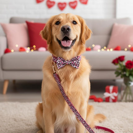 PETDURO Personalized Dog Collar Pink Leopard Print with Name & Phone Engraved on Rose Gold Metal Buckle for Large Medium Boy Girl Dogs for Valentines - Add Matching Leash Bow Tie via Customize Now