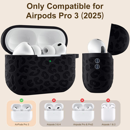 Leopard Engraved Soft Silicone Earbud Case Cover with Keychain and Cleaning Kit, Black