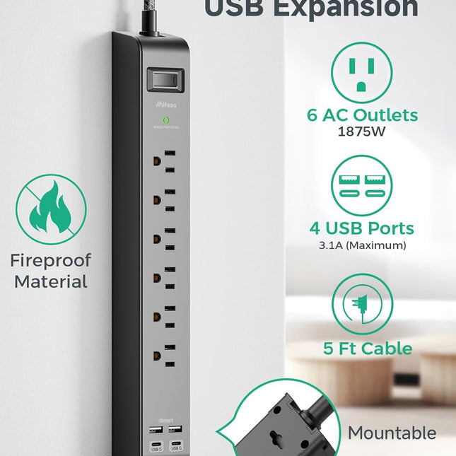 2-Pack Surge Protector Power Strip with USB Ports and Flat Plug