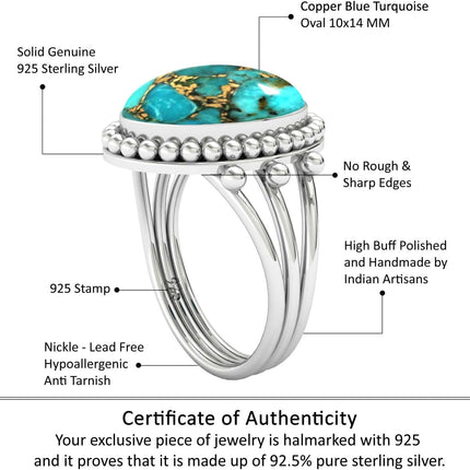 Copper Blue Turquoise 925 Sterling Silver Ring, Size 7.5