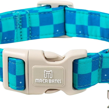 Turquoise and Royal Blue Checkered Adjustable Dog Collar with Windmill Charm