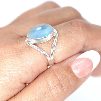 White Rainbow Moonstone Genuine 925 Silver Ring, Size 8