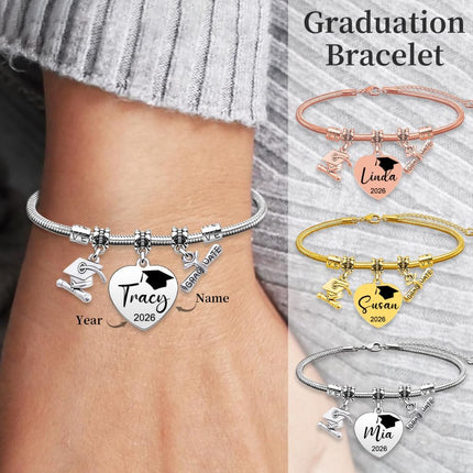 Personalized Graduation Bracelet Class of 2026 – Custom Name & Year Charm Bracelet for Women, Stainless Steel Graduation Jewelry Gift for Daughter, Sister, Best Friend, College High School Graduate