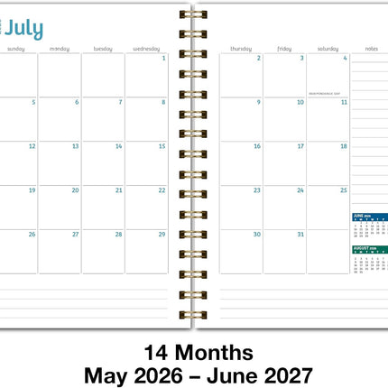 Hardcover Academic Year 2026-2027 Planner, 14 Months, Teal Gold Marble