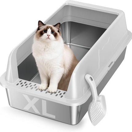 Stainless Steel XL High-Sided Cat Litter Box with Scoop, Gray