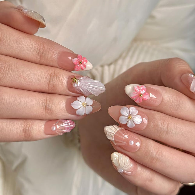 3D Almond French Press-On Nails, Size S
