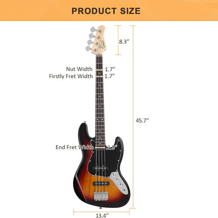4-String GJazz Full-Size Right-Handed Electric Bass Guitar with Bag, Amp Cord and Beginner Kit - Sunset