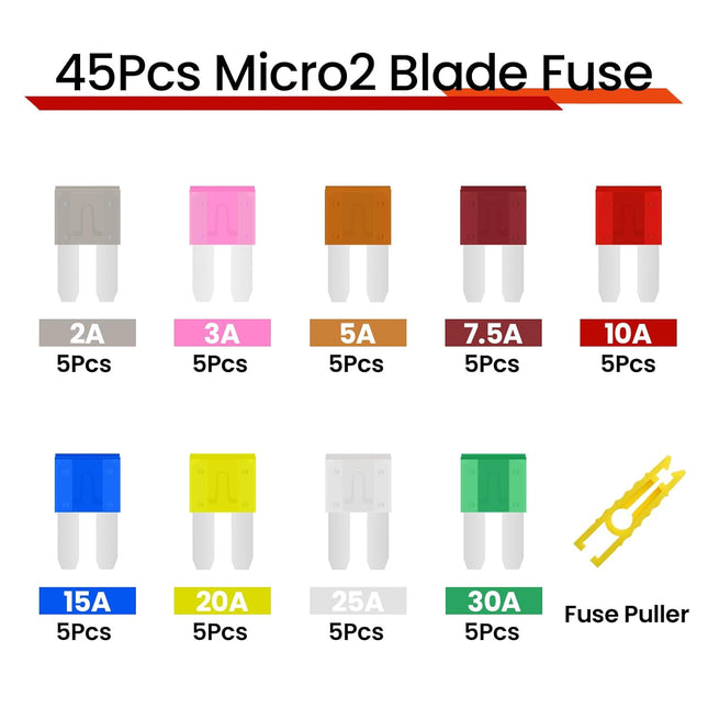 45Pcs Micro2 Car Fuse Kit, Automotive Blade Fuse Assortment