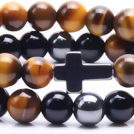 Cross Bracelet for Men with Black Obsidian, Hematite & Yellow Tiger Eye Beads