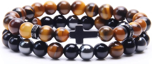 Cross Bracelet for Men with Black Obsidian, Hematite & Yellow Tiger Eye Beads