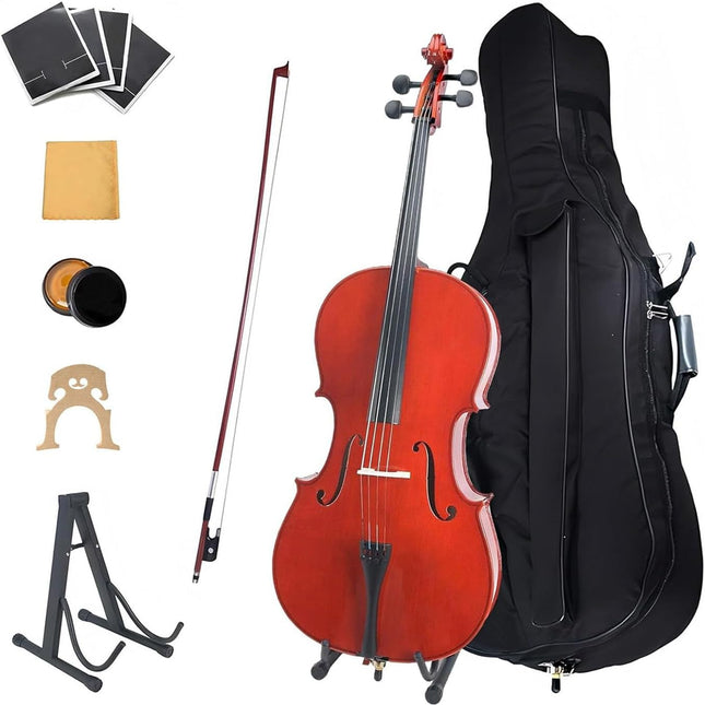 4/4 Full Size Acoustic Cello Kit for Adults, Students & Beginners - Red