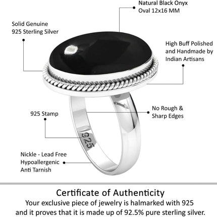 Black Onyx 925 Sterling Silver Ring for Women, Size 7