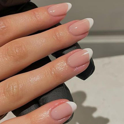 French Tip Short Oval Press-On Nails Set, Nude, 32 Pieces