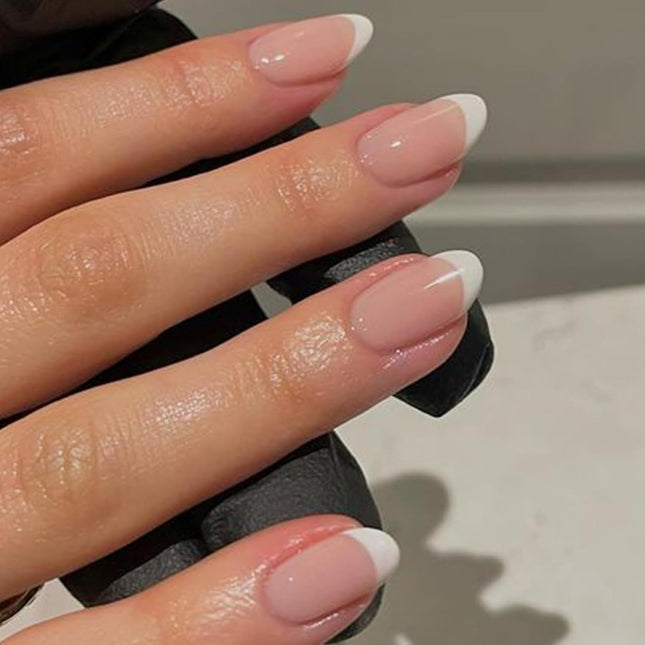 French Tip Short Oval Press-On Nails Set, Nude, 32 Pieces