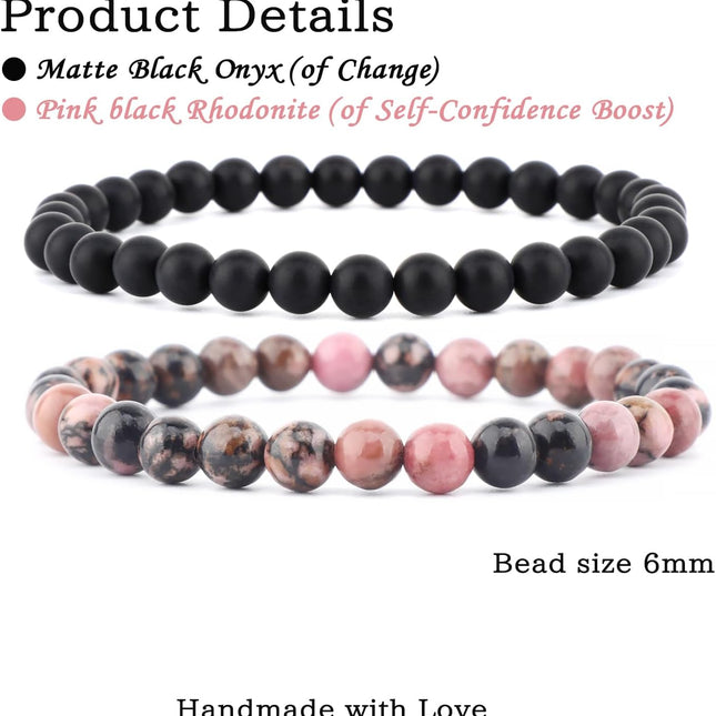 2-Piece 6mm Natural Crystal Gemstone Stretch Bracelets - Pink Black Rhodonite and Matte Black Agate