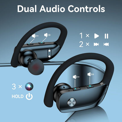 Wireless Bluetooth Earbuds with LED Display Case, Over-Ear Hook, Mic, Stereo Sound, Button Controls, Black