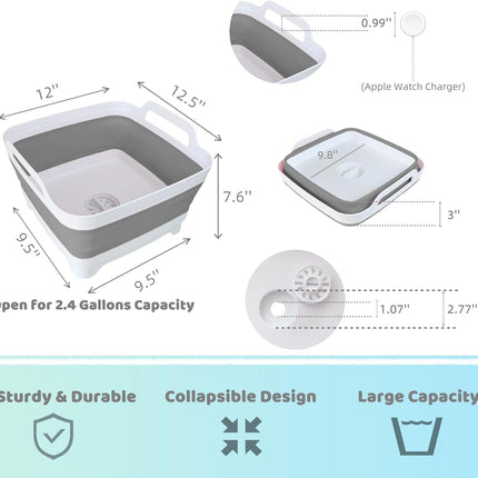 Collapsible Wash Basin with Drain Plug - 2.4 Gallon Foldable Kitchen Sink for Baby Bottles, RV Camping, Space-Saving Dish Tub (Gray)