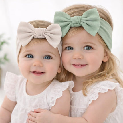 Baby Girl Cotton Bow Headbands, 2 Pack, Light Beige and Linden Green