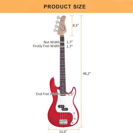Full Size 4 String Electric Bass Guitar, Red Fire Style
