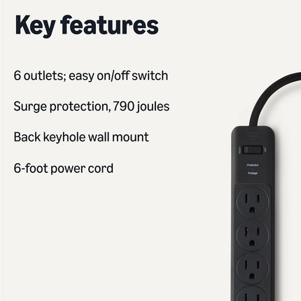 6-Outlet Surge Protector Power Strip, 790 Joules, 6 ft Cord, Black