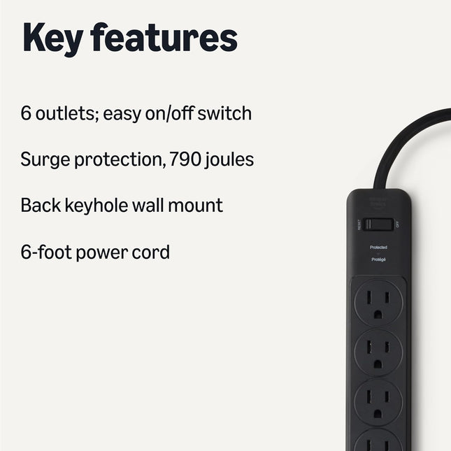 6-Outlet Surge Protector Power Strip, 790 Joules, 6 ft Cord, Black