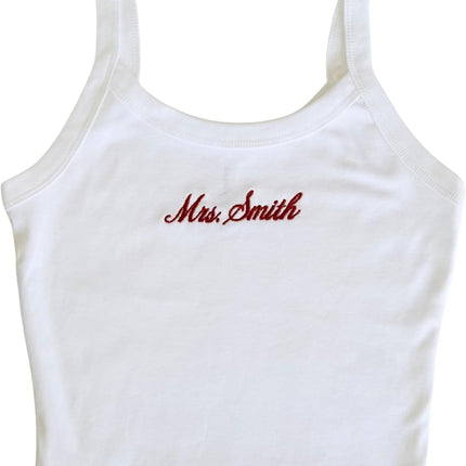 Embroidered Mrs. Spaghetti Strap Bridal Tank Top in White