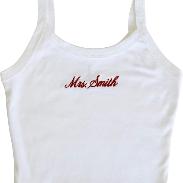 Embroidered Mrs. Spaghetti Strap Bridal Tank Top in White