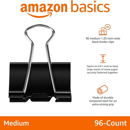 Sturdy Medium Black Binder Clips, 1.25 Inch, 96 Count