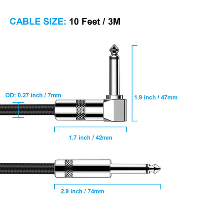 10 ft Right-Angle to Straight Instrument Cable, Black