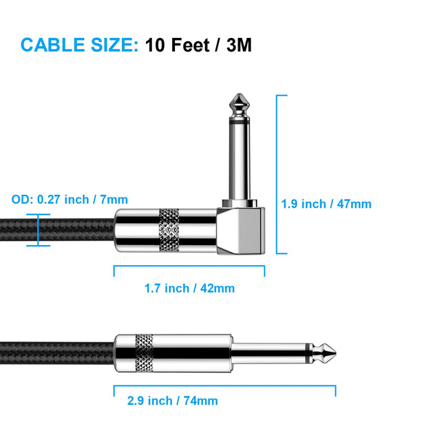 10 ft Right-Angle to Straight Instrument Cable, Black