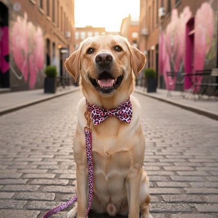PETDURO Personalized Dog Collar Pink Leopard Print with Name & Phone Engraved on Rose Gold Metal Buckle for Large Medium Boy Girl Dogs for Valentines - Add Matching Leash Bow Tie via Customize Now