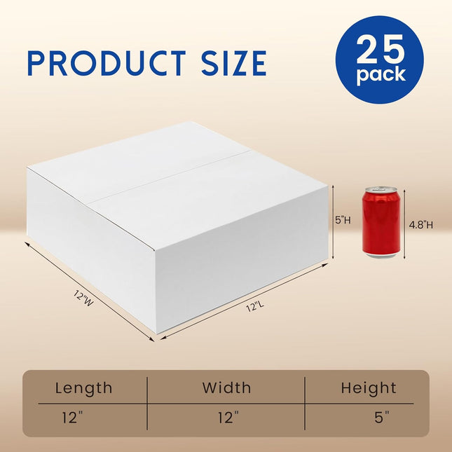 12x12x5" White Corrugated Shipping Boxes, 25 Pack