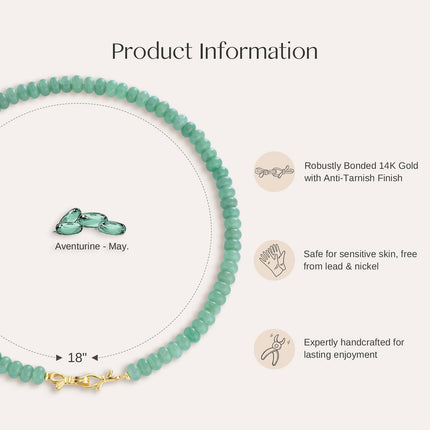Green Aventurine Gemstone Beaded Choker Necklace with 14K Gold Bow