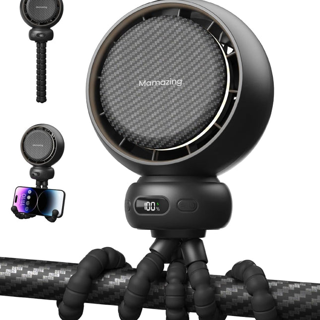 Portable Stroller Fan with 5 Speeds, 70° Oscillation, USB-C Rechargeable Battery, LED Display & Soothing Songs