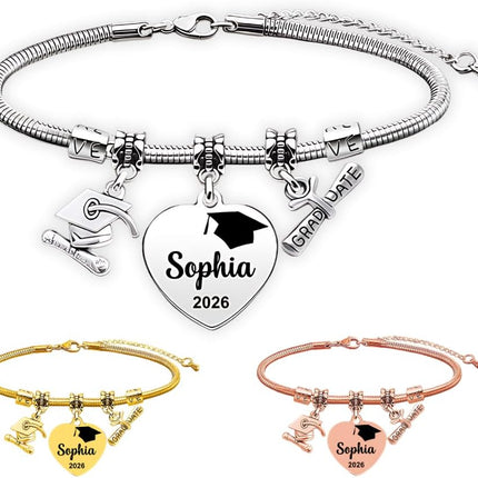 Personalized Graduation Bracelet Class of 2026 – Custom Name & Year Charm Bracelet for Women, Stainless Steel Graduation Jewelry Gift for Daughter, Sister, Best Friend, College High School Graduate