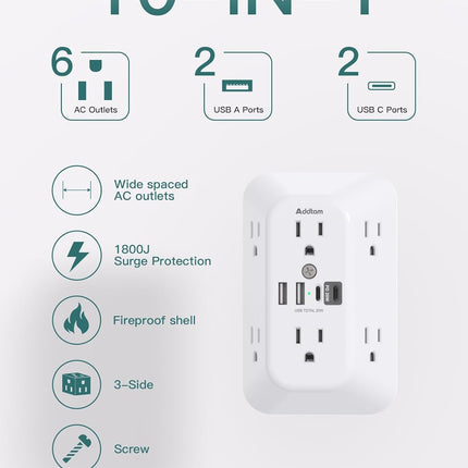 6-Outlet Extender Surge Protector with 4 USB Wall Charger Ports, 1800J