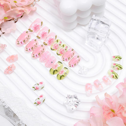 SourceToHome FuenteACasa Pink Flower Press on Nails Short Oval Cute Fake Nails with 3D Rhinestone — Home & Lifestyle