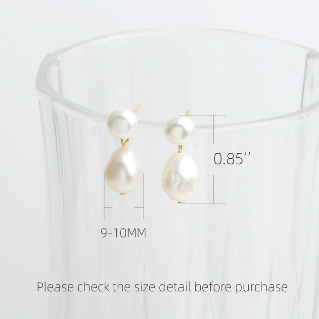 Freshwater Cultured White Baroque Pearl Dangling Drop Earrings for Women, 14K Gold Plated
