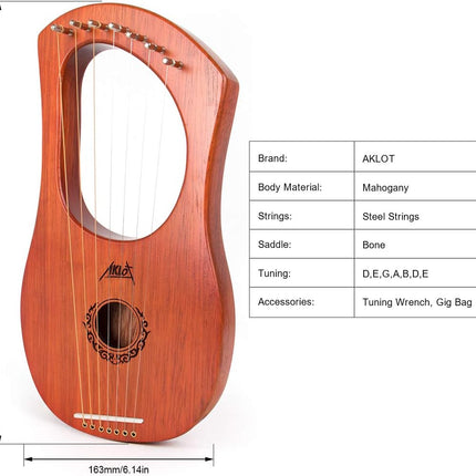 7 String Lyre Harp with Metal Strings, Bone Saddle, Mahogany, Tuning Wrench, Black Gig Bag