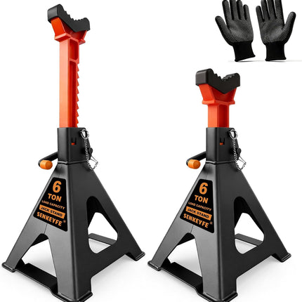 6 Ton Jack Stands with Crossbars, Double Pin Locking, Rubber Covers, Large Foot Base, 15-22 in Adjustable Height, 2 Pack