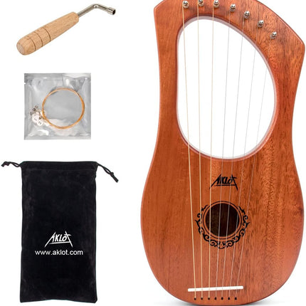 7 String Lyre Harp with Metal Strings, Bone Saddle, Mahogany, Tuning Wrench, Black Gig Bag