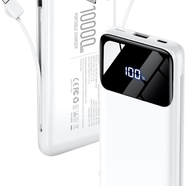Portable Charger Power Bank with Built-in Cables and Wall Plug, 10000mAh Slim USB-C Battery Pack, 15W Fast Charging, Snow