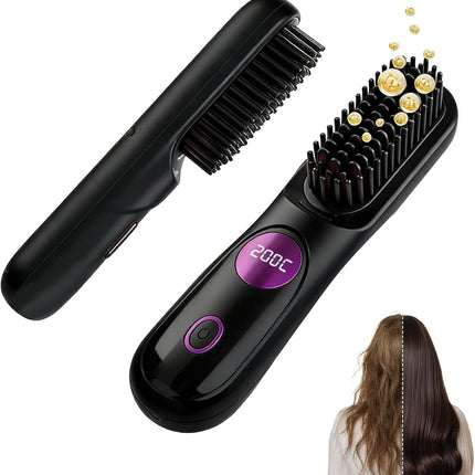Go Brush Pro for Short Hair, 2026 Upgraded Hair Straightener Brush, Portable Cordless Straightener Brushs for Travel, Fast Heating Hair Straightener with LCD Temperature Display, Travel Gift (Black)