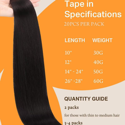 Jet Black 20 Inch Human Hair Tape-In Extensions, 50g 20pcs