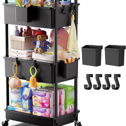 3-Tier Black Rolling Diaper Cart with Lockable Wheels