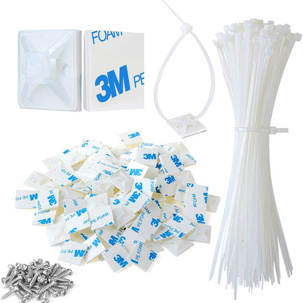 3/4-Inch Self-Adhesive Cable Zip Tie Mounts with Cable Ties, 100 PCS