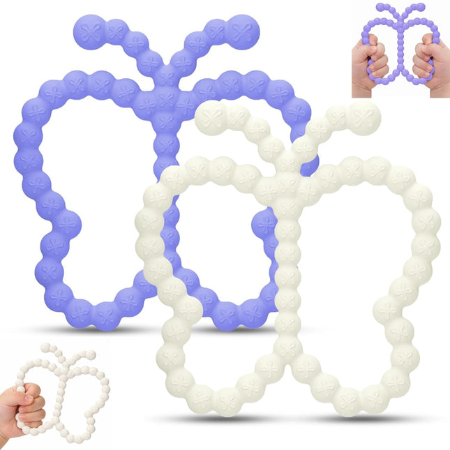2 Pcs Silicone Butterfly Baby Teething Rings, White and Purple
