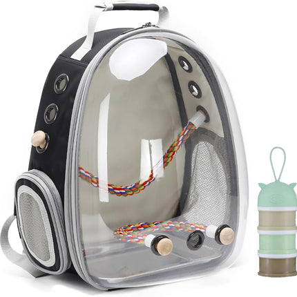 Clear Space Capsule Bird Travel Carrier Backpack with Metal Tray and Wood Perch